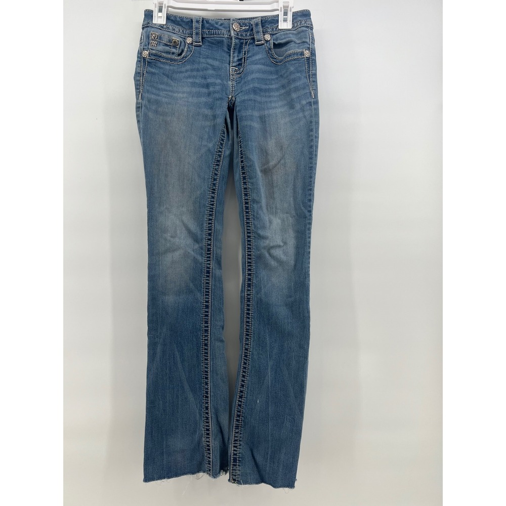 Miss Me Standard Boot Jeans 26 Wing Back Pocket Rhinestone Raw Hem Medium Wash - Picture 2 of 10